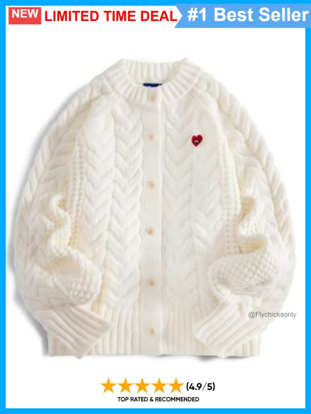 Chunky Cable Knit Open Front Cardigan Lantern Sleeve Heart Embroidery Oversized